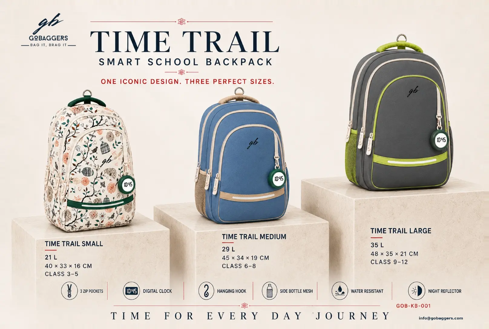 Time Trail smart school backpack in three premium colourways and sizes
