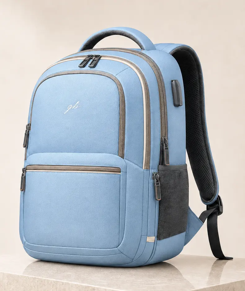 Premium sky-blue backpack with the GB monogram